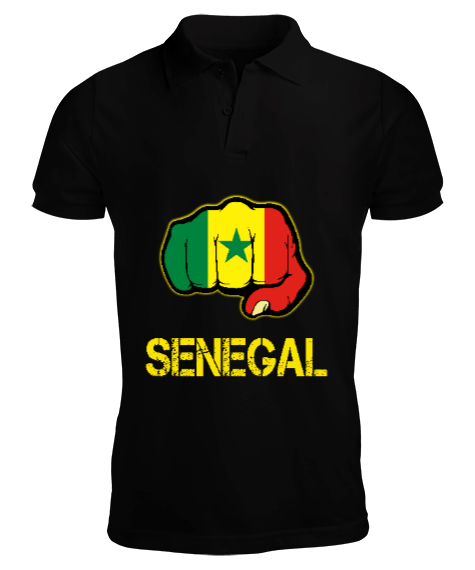 Tisho - Senegal,Senegal Bayrağı,Senegal flag. Siyah Erkek Kısa Kol Polo Yaka