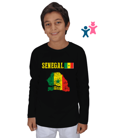 Tisho - Senegal,Senegal Bayrağı,Senegal flag,Senegal haritası. Siyah Çocuk Unisex Uzunkollu