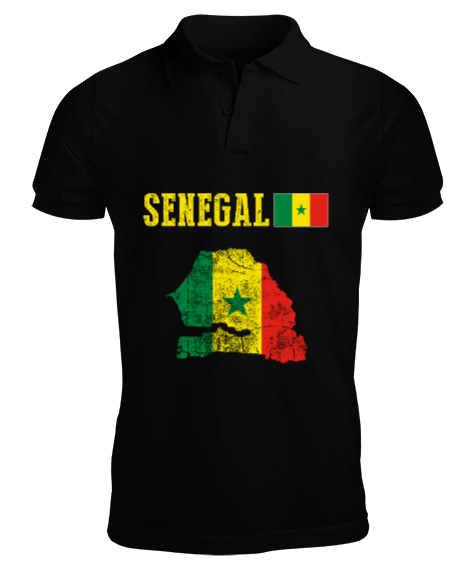 Tisho - Senegal,Senegal Bayrağı,Senegal flag,Senegal haritası. Siyah Erkek Kısa Kol Polo Yaka