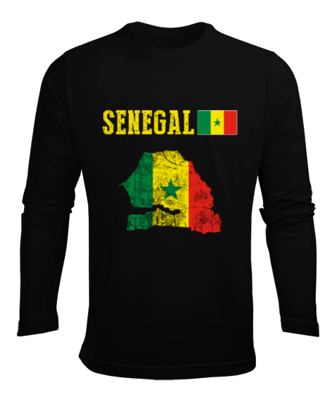 Tisho - Senegal,Senegal Bayrağı,Senegal flag,Senegal haritası. Siyah Erkek Uzun Kol Yazlık Tişört