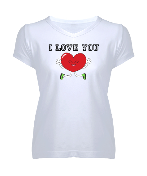 Tisho - Seni Seviyorum - I Love You Beyaz Kadın V Yaka Tişört