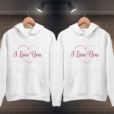 Seni Seviyorum Kalpli Sevgili Çift Kombini Kapüşonlu Sweatshirt 2'li Set - Thumbnail