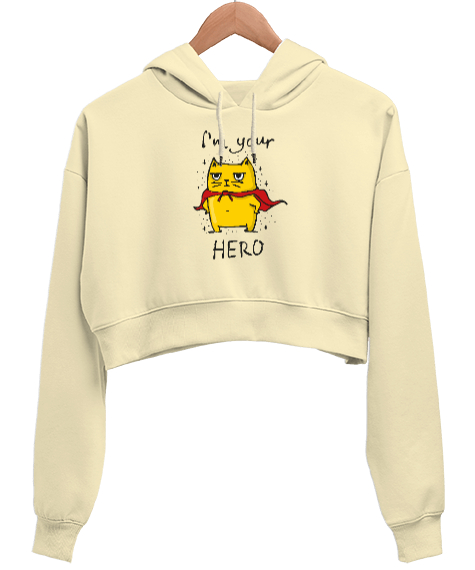 Tisho - Senin Kahramanın - Your Hero Krem Kadın Crop Hoodie Kapüşonlu Sweatshirt