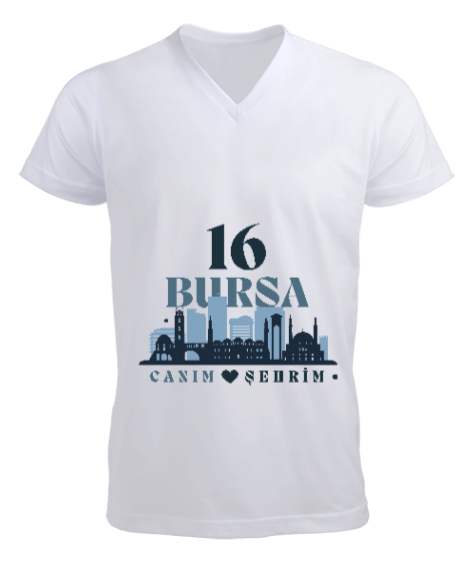 Tisho - Senin Tarzın Şehirler Bursa Beyaz Erkek Kısa Kol V Yaka Tişört