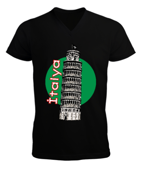 Tisho - Senin Tarzın Şehirler İtalya Siyah Erkek Kısa Kol V Yaka Tişört