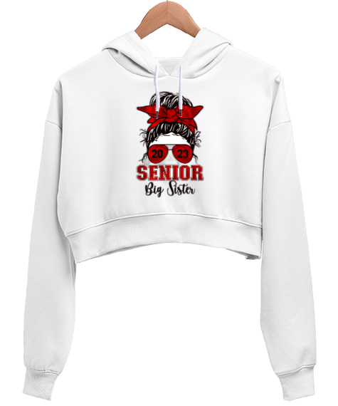 Tisho - Senıor Big Sister Beyaz Kadın Crop Hoodie Kapüşonlu Sweatshirt