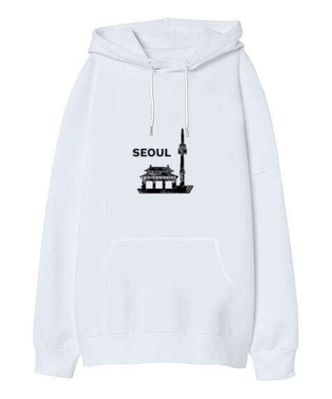Tisho - SEOUL Beyaz Oversize Unisex Kapüşonlu Sweatshirt