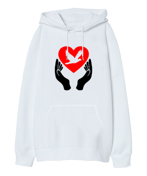 Tisho - Sevgi Ve Barış - Peace And Heart Beyaz Oversize Unisex Kapüşonlu Sweatshirt