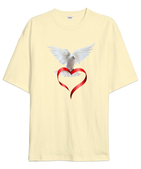 Tisho - Sevgi ve Güvercin - Barış - Kalp Krem Oversize Unisex Tişört