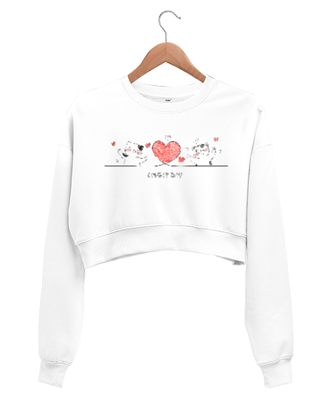 Tisho - Sevgili Kediler - Lovely Day - Sevgi Beyaz Kadın Crop Sweatshirt