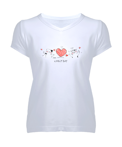 Tisho - Sevgili Kediler - Lovely Day - Sevgi Beyaz Kadın V Yaka Tişört