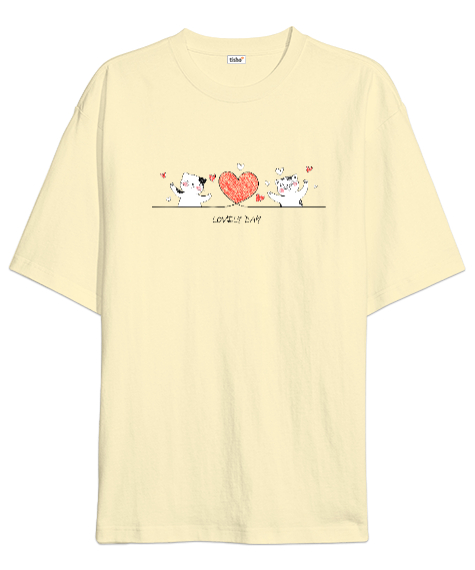 Tisho - Sevgili Kediler - Lovely Day - Sevgi Krem Oversize Unisex Tişört