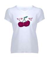 Sevgili Kirazlar - Aşk - Kalpler Beyaz Kadın V Yaka Tişört - Tisho