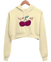 Sevgili Kirazlar - Aşk - Kalpler Krem Kadın Crop Hoodie Kapüşonlu Sweatshirt - Tisho
