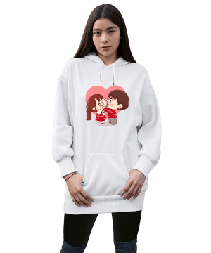 sevgili tasarım Kadın Uzun Hoodie Kapüşonlu Sweatshirt - Thumbnail