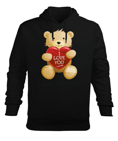 Tisho - Sevgililer Günü 14 Şubat I Love You Teddy Bear Ayıcık Baskılı Siyah Erkek Kapüşonlu Hoodie Sweatshirt