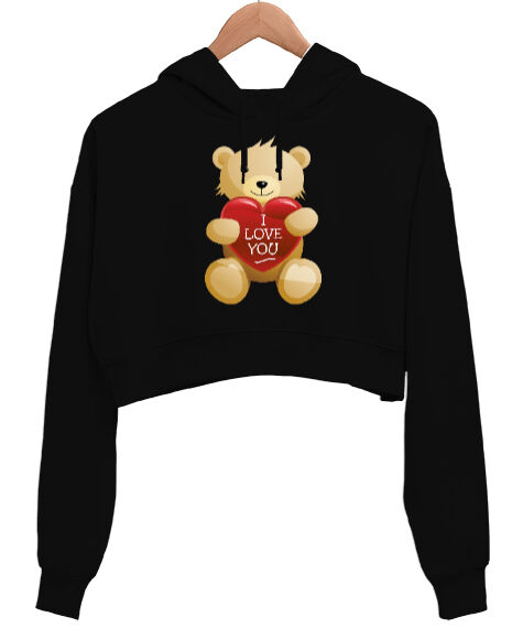 Tisho - Sevgililer Günü 14 Şubat I Love You Teddy Bear Ayıcık Baskılı Siyah Kadın Crop Hoodie Kapüşonlu Sweatshirt