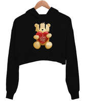 Sevgililer Günü 14 Şubat I Love You Teddy Bear Ayıcık Baskılı Siyah Kadın Crop Hoodie Kapüşonlu Sweatshirt - Tisho