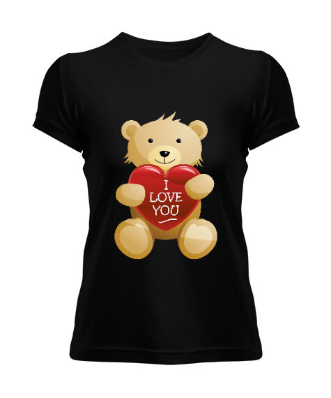 Tisho - Sevgililer Günü 14 Şubat I Love You Teddy Bear Ayıcık Baskılı Siyah Kadın Tişört