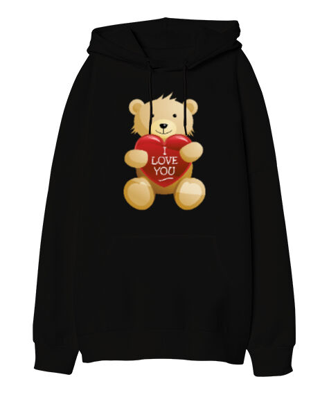 Tisho - Sevgililer Günü 14 Şubat I Love You Teddy Bear Ayıcık Baskılı Siyah Oversize Unisex Kapüşonlu Sweatshirt