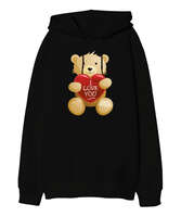 Sevgililer Günü 14 Şubat I Love You Teddy Bear Ayıcık Baskılı Siyah Oversize Unisex Kapüşonlu Sweatshirt - Tisho