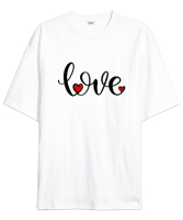 Sevgililer günü love tasarımı Beyaz Oversize Unisex Tişört - Tisho