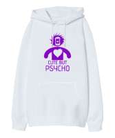 Sevimli Ama Psikopat - Cute But Psycho Beyaz Oversize Unisex Kapüşonlu Sweatshirt - Tisho
