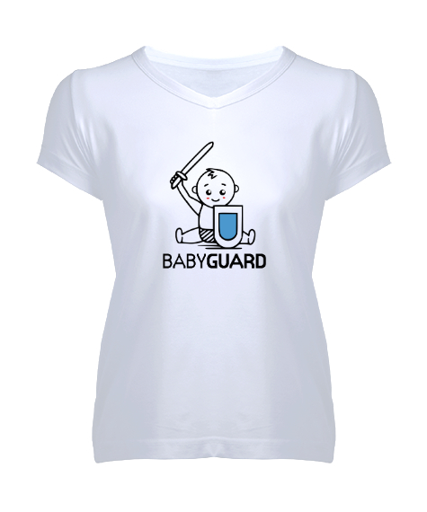Tisho - Sevimli Babyguard Beyaz Kadın V Yaka Tişört