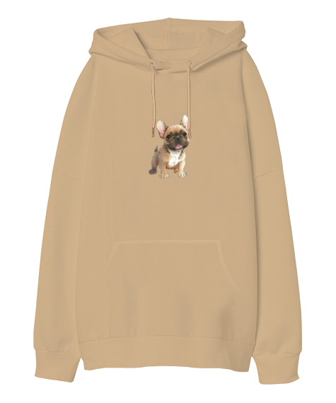 Tisho - Sevimli Bull Dog Camel Oversize Unisex Kapüşonlu Sweatshirt