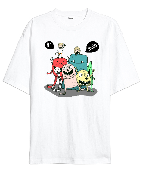 Sevimli Canavarlar Beyaz Oversize Unisex Tişört - Tisho