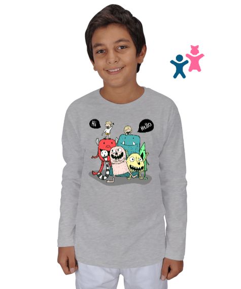 Sevimli Canavarlar Gri Çocuk Unisex Uzunkollu - Tisho