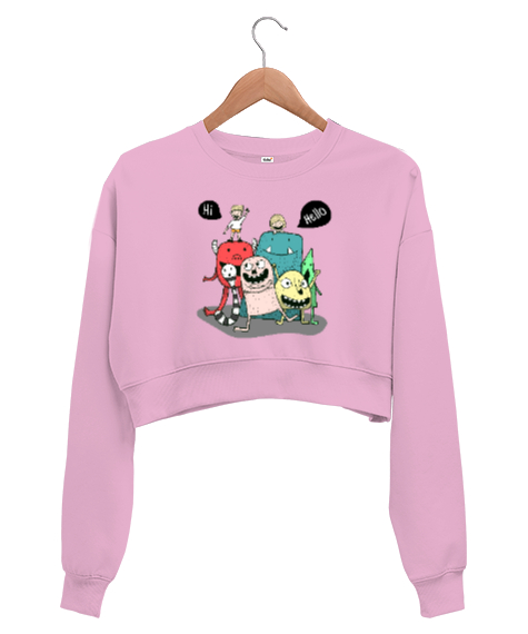 Tisho - Sevimli Canavarlar Pembe Kadın Crop Sweatshirt