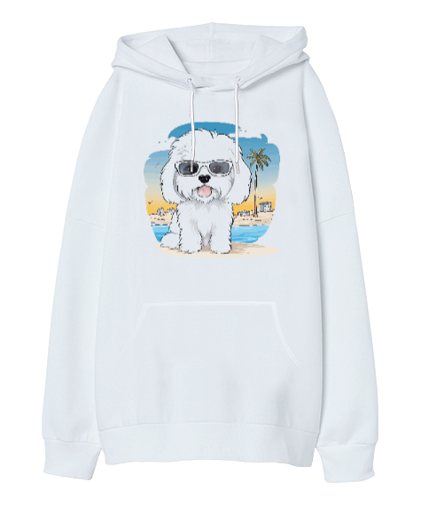Tisho - Sevimli Cool Köpek - Sweety Dog Beyaz Oversize Unisex Kapüşonlu Sweatshirt