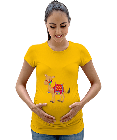 Tisho - Sevimli deve Sarı Kadın Hamile Tişört