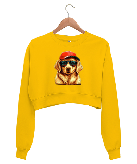 Tisho - Sevimli golden köpek baskılı Sarı Kadın Crop Sweatshirt