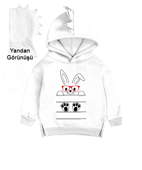 Tisho - Sevimli Gözlüklü Tavşan Beyaz Çocuk Dinozor Kapşonlu Hoodie