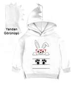 Sevimli Gözlüklü Tavşan Beyaz Çocuk Dinozor Kapşonlu Hoodie - Tisho