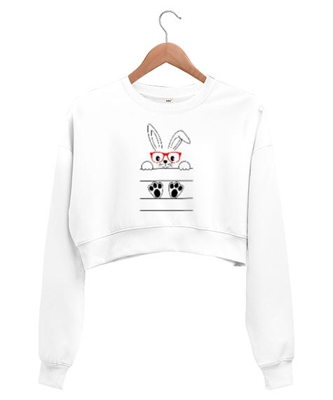 Tisho - Sevimli Gözlüklü Tavşan Beyaz Kadın Crop Sweatshirt