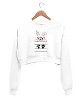 Sevimli Gözlüklü Tavşan Beyaz Kadın Crop Sweatshirt - Tisho