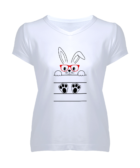 Tisho - Sevimli Gözlüklü Tavşan Beyaz Kadın V Yaka Tişört