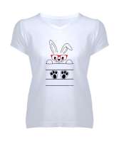 Sevimli Gözlüklü Tavşan Beyaz Kadın V Yaka Tişört - Tisho