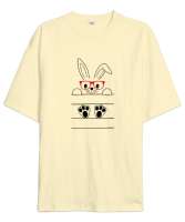 Sevimli Gözlüklü Tavşan Krem Oversize Unisex Tişört - Tisho