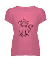SEVİMLİ GÜLEN MAYMUN Pembe Kadın V Yaka Tişört - Tisho