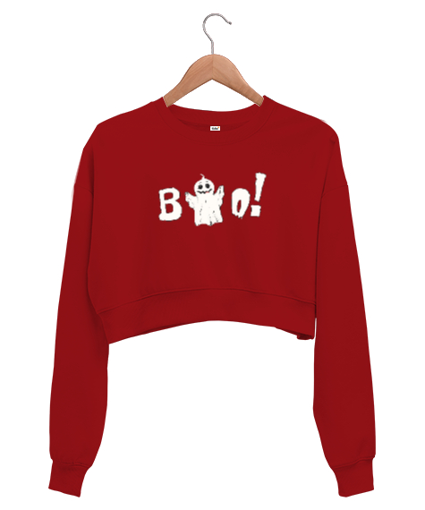 Tisho - Sevimli Hayalet - Böö - Ghost Kırmızı Kadın Crop Sweatshirt