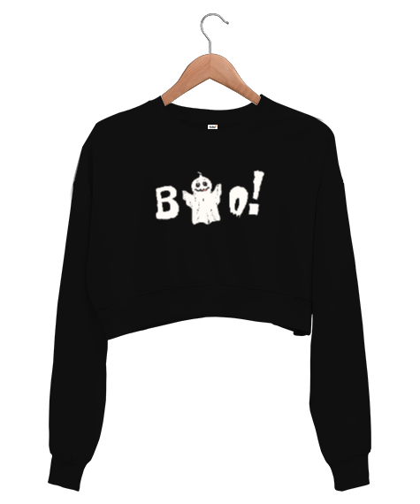 Tisho - Sevimli Hayalet - Böö - Ghost Siyah Kadın Crop Sweatshirt