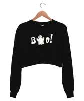 Sevimli Hayalet - Böö - Ghost Siyah Kadın Crop Sweatshirt - Tisho