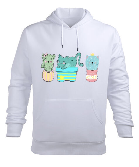 Tisho - Sevimli Kaktüs Kediler Beyaz Erkek Kapüşonlu Hoodie Sweatshirt