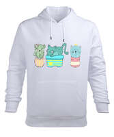 Sevimli Kaktüs Kediler Beyaz Erkek Kapüşonlu Hoodie Sweatshirt - Tisho