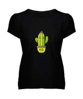 SEVİMLİ KAKTÜS Siyah Kadın V Yaka Tişört - Tisho