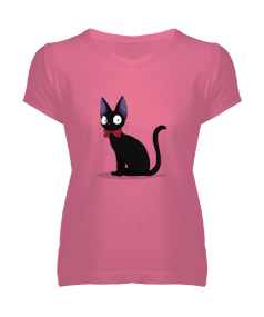 Tisho - Sevimli Kara Kedi Kadın V Yaka Tişört